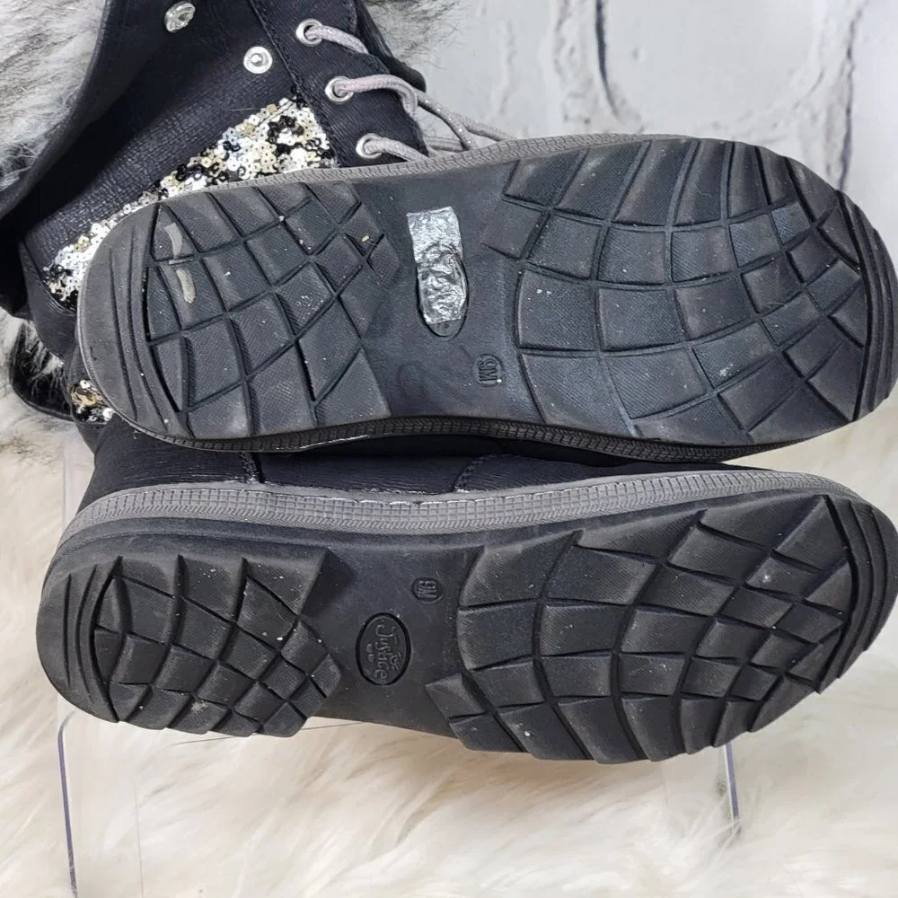 Justice Womens Sz 9 Sequin Snow Boots Faux Fur Vegan Winter Black Casual‎